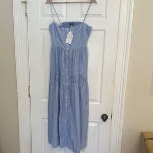 J. Crew Blue and White Striped Spaghetti-Strap Midi Dress